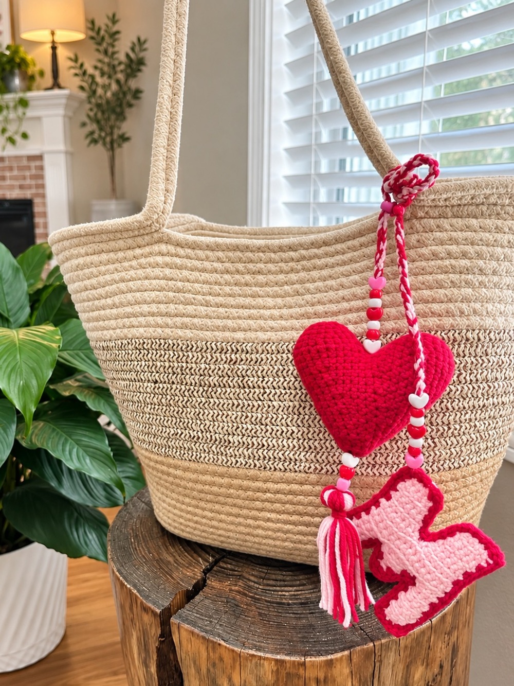 Handmade Crochet Car Charm – Red Heart & Initial M